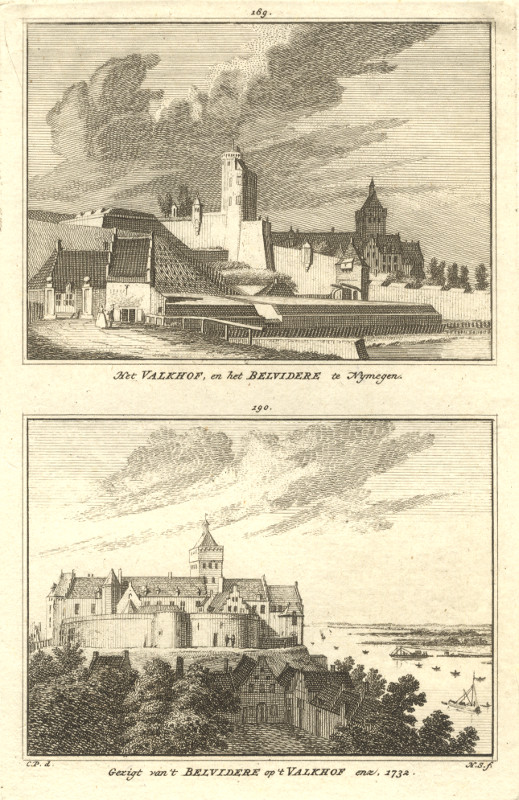 afbeelding van prent Het Valkhof, en het Belvidere te Nymegen; Gezigt van &acute;t Belvidere op &acute;t Valkhof enz. 173 van H. Spilman, C. Pronk (Nijmegen)