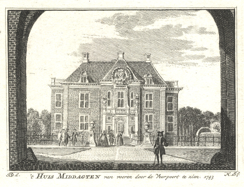 afbeelding van prent ´t Huis Middagten van vooren door de Voorpoort te zien, 1743 van H. Spilman, J. de Beijer (De Steeg)