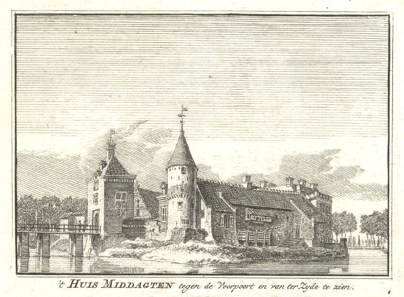 afbeelding van prent ´t Huis Middagten tegen de Voorpoort en van ter Zyde te zien van H. Spilman, J. de Beijer (De Steeg)