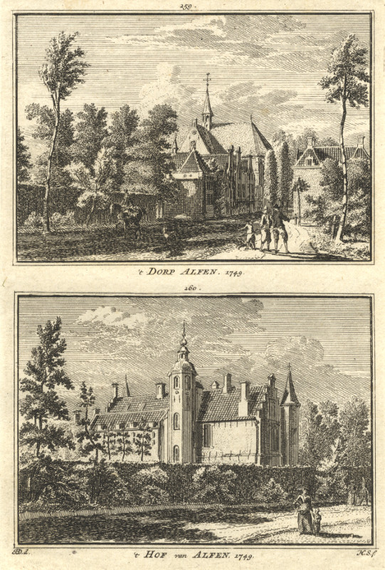 afbeelding van prent ´t Dorp Alfen; ´t Hof van Alfen. 1749 van H. Spilman, J. de Beijer (Alphen aan de Rijn)