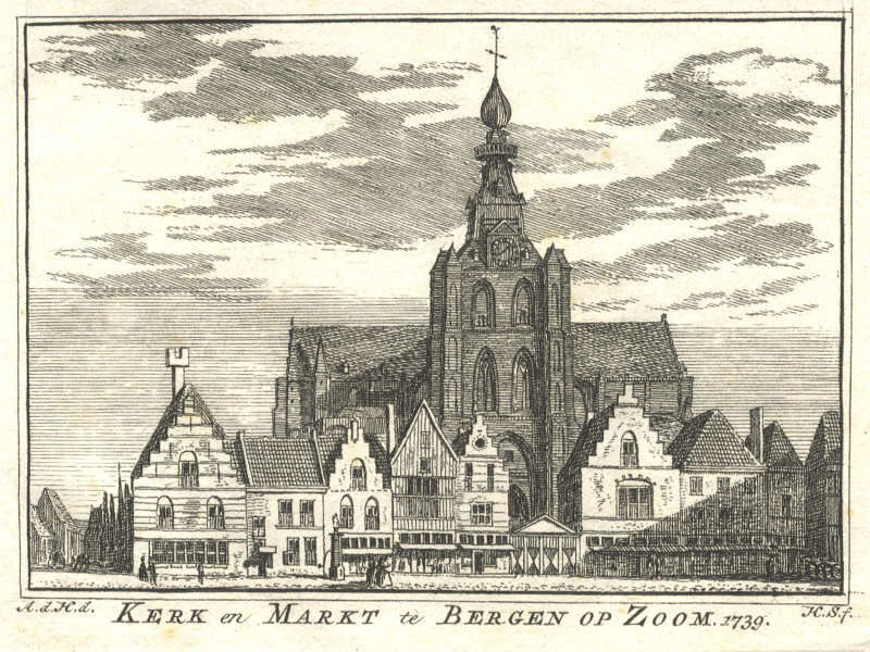 afbeelding van prent Kerk en Markt te Bergen op Zoom, 1739 van H. Spilman, A. de Haen (Bergen op Zoom)