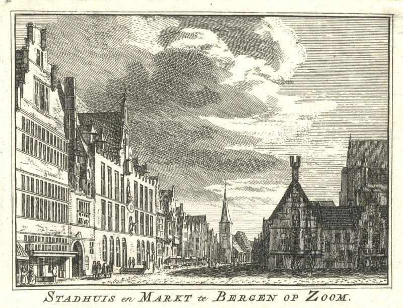 afbeelding van prent Stadhuis en Markt te Bergen op Zoom. van H. Spilman (Bergen op Zoom)