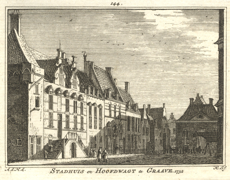 afbeelding van prent Stadhuis en Hoofdwagt te Graave. 1732 van H. Spilman, A. de Haen (Grave)