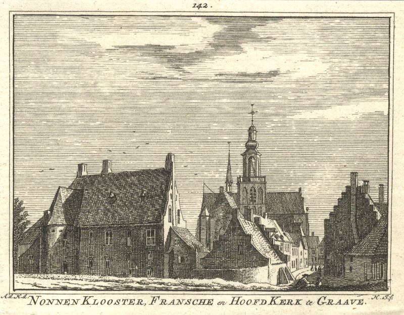 afbeelding van prent Nonnen Klooster, Fransche en HoofdKerk te Graave van H. Spilman, A. de Haen (Grave)