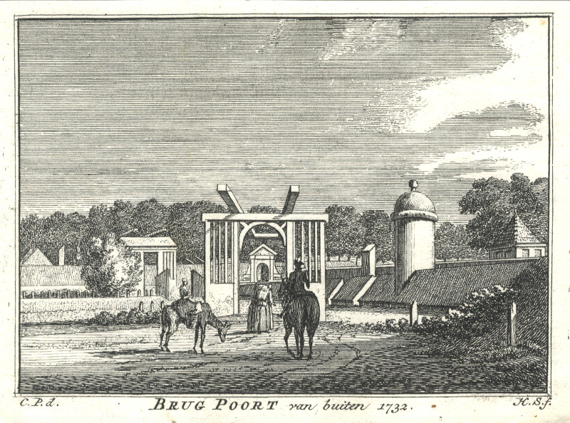 afbeelding van prent Brug Poort te Graave van buiten. 1732 van H. Spilman, C. Pronk (Grave)