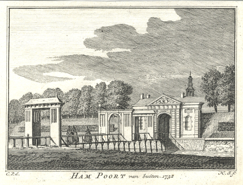 afbeelding van prent Ham Poort van Buiten. 1732 van H. Spilman, C. Pronk (Grave)