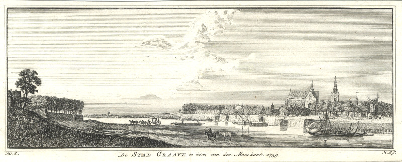 afbeelding van prent De Stad Graave te zien van den Maaskant. 1739 van H. Spilman, J. de Beijer (Grave)