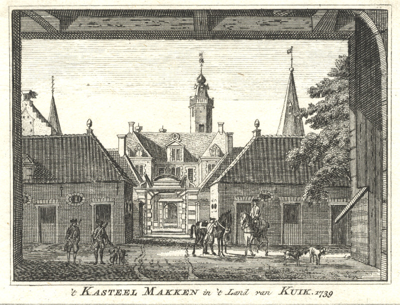 afbeelding van prent ´t Kasteel Makken in ´t Land van Kuik;  1739 van H. Spilman, J. de Beijer (Cuijk)
