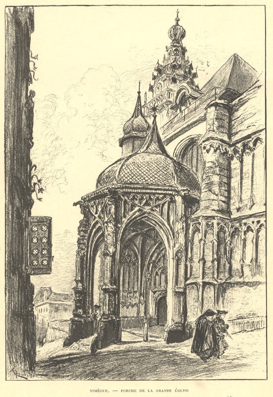 afbeelding van prent Nimegue, Porche de la Grande Eglise van A. Robida (Nijmegen)