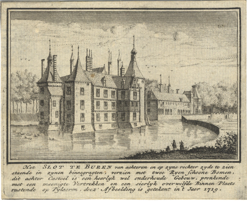 afbeelding van prent Het Slot te Buren, van achteren en op zyne rechter zyde te zien van J.M. Bregmagher, naar A. Rademaker (Buren)