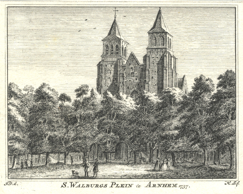 afbeelding van prent S. Walburgs Plein te Arnhem. 1737 van H. Spilman, J. de Beijer (Arnhem)