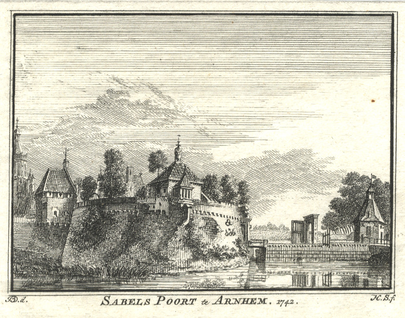 afbeelding van prent Sabels Poort te Arnhem. 1742 van H. Spilman, J. de Beijer (Arnhem)