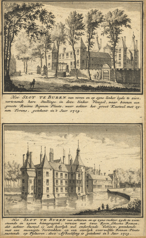 afbeelding van prent Het Slot te Buren van voren en op zyne linker zyde te zien; van achteren en op zyne rechter zyde  van J.M. Bregmagher, naar A. Rademaker (Buren)