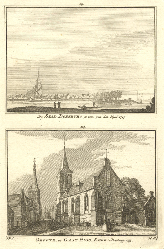 afbeelding van prent De Stad Doesburg te zien van den Yssel, Groote en GastHuis Kerk te Doesburg, 1743 van H. Spilman, J. de Beijer (Doesburg)