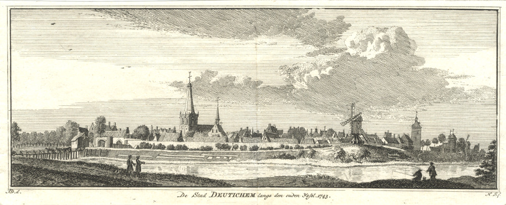 afbeelding van prent De Stad Deutichem langs den ouden Yssel 1743 van H. Spilman, J. de Beijer (Doetinchem)