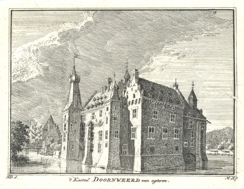 afbeelding van prent ´t Kasteel Doornweerd van agteren van H. Spilman, J. de Beijer (Doorwerth)