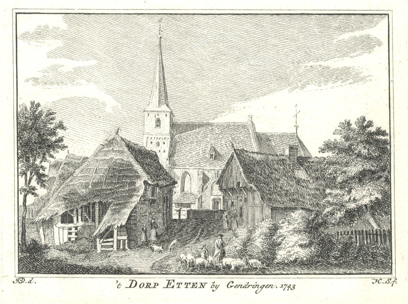afbeelding van prent ´t Dorp Etten by Gendringen, 1743 van H. Spilman, J. de Beijer (Etten)