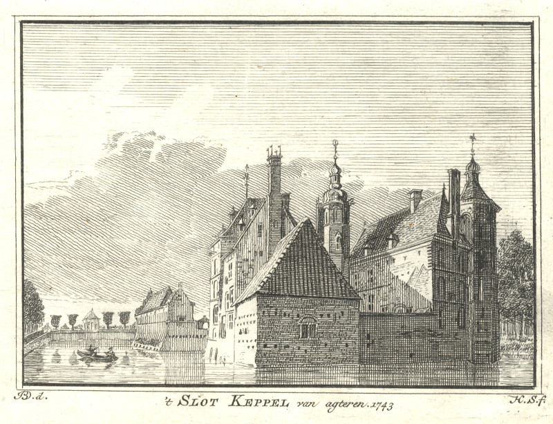 afbeelding van prent ´t Slot Keppel van agteren 1743 van H. Spilman, J. de Beijer (Keppel)