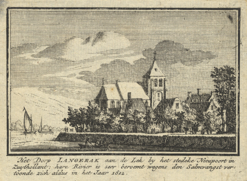 afbeelding van prent Het Dorp Langerak aan de Lek by het stedeke Nieupoort in Zuythollant van J.M. Bregmagher, naar A. Rademaker (Langerak)