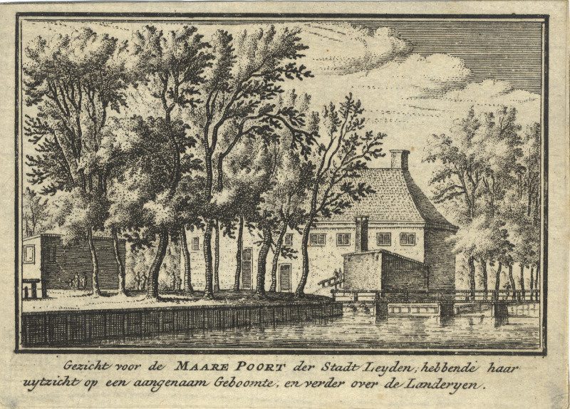 afbeelding van prent Gezicht voor de Maare Poort der Stadt Leyden van J.M. Bregmagher, naar A. Rademaker (Leiden)