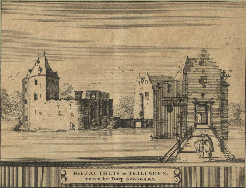 afbeelding van prent Het Jagthuis te Teilingen; binnen het Dorp Sassehem van J. Schijnvoet, naar R. Roghman (Teylingen)