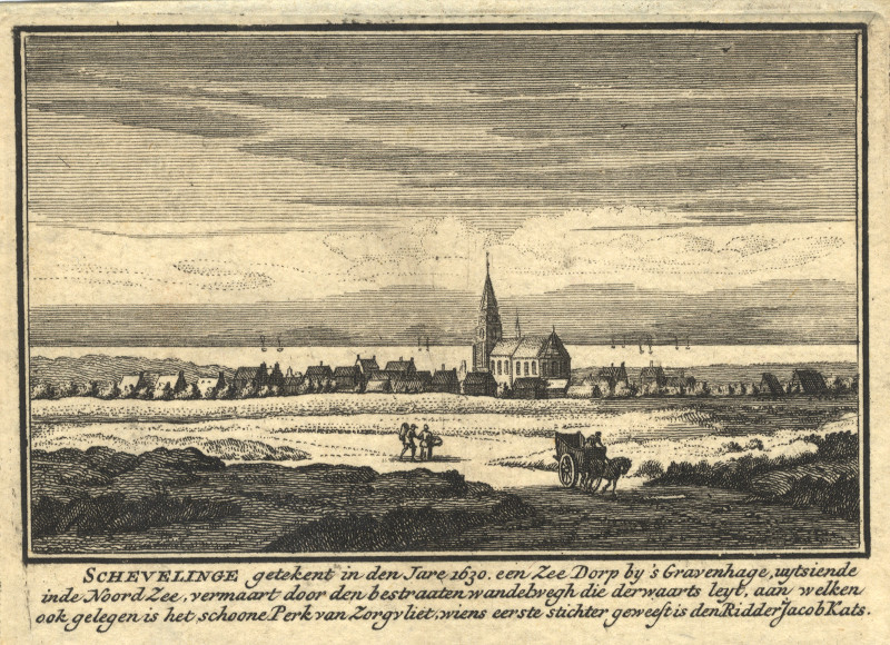 afbeelding van prent Schevelinge, getekent in den Jare 1630, een Zee Dorp by ´s Gravenhage van J.M. Bregmagher, naar A. Rademaker (Scheveningen)
