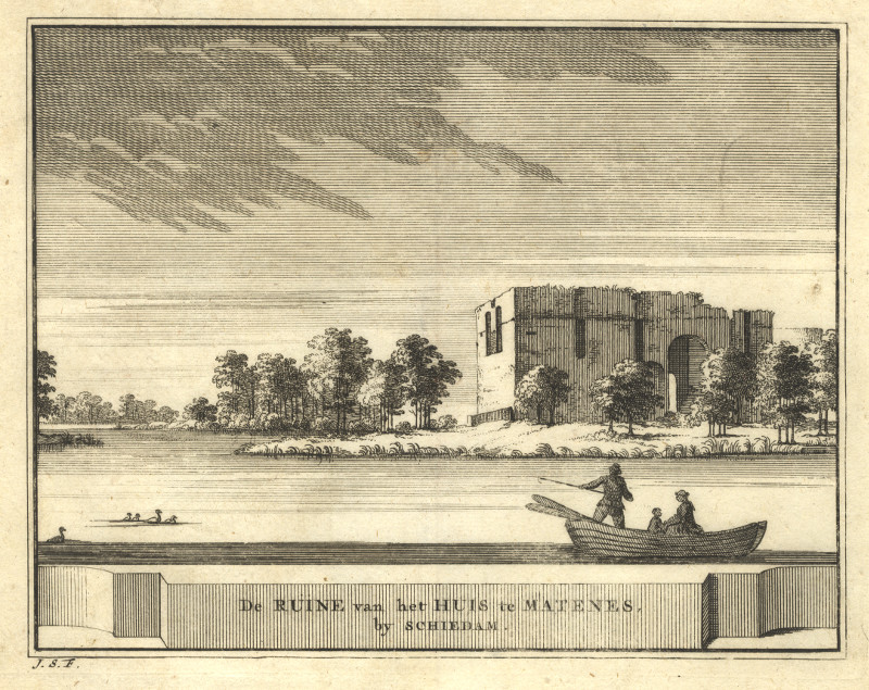 afbeelding van prent De Ruine van het Huis te Matenes by Schiedam van J. Schijnvoet, naar R. Roghman (Schiedam)