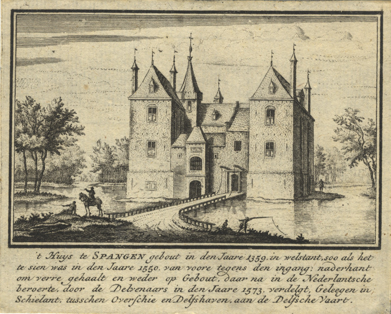 afbeelding van prent ´t Huys te Spangen, gebout in den jaare 1359, in welstant van J.M. Bregmagher, naar A. Rademaker (Rotterdam)