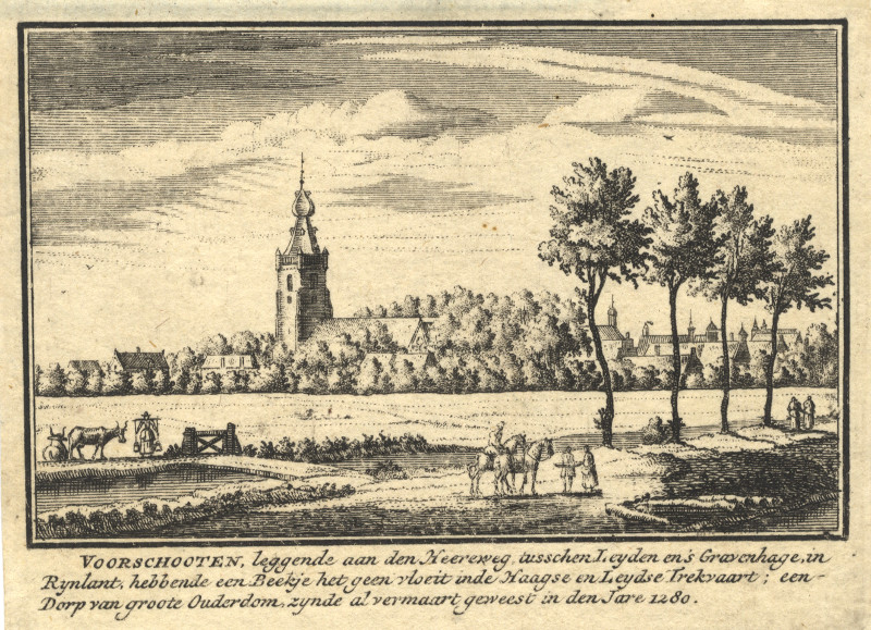 afbeelding van prent Voorschoten, leggende aan den Heereweg, tusschen Leyden en ´s Gravenhage van J.M. Bregmagher, naar A. Rademaker (Voorschoten)