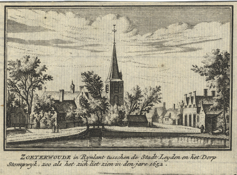 afbeelding van prent Zoeterwoude in Rynlant tusschen der stadt Leyden en het dorp Stompwyk van J.M. Bregmagher, naar A. Rademaker (Zoeterwoude)