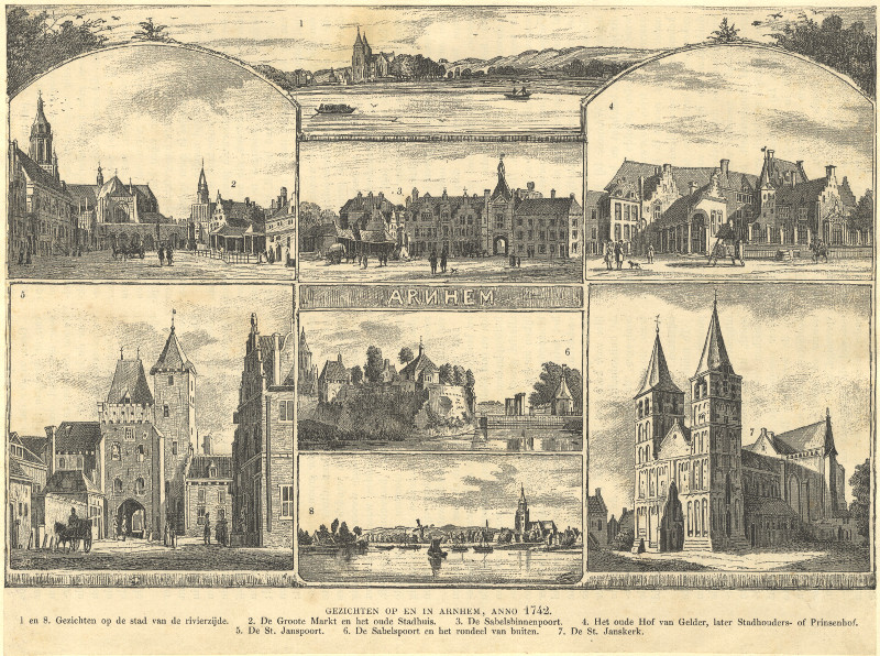 afbeelding van prent Gezichten op en in Arnhem, anno 1742 van naar Jan de Beijer (Arnhem)