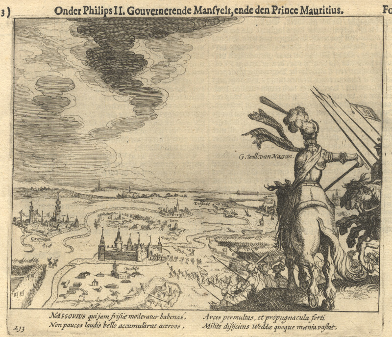 afbeelding van prent Wedde; Onder Philips II. Gouvernerende Mansvelt, ende den Prince Mauritius van Simon Frisius (Wedde)