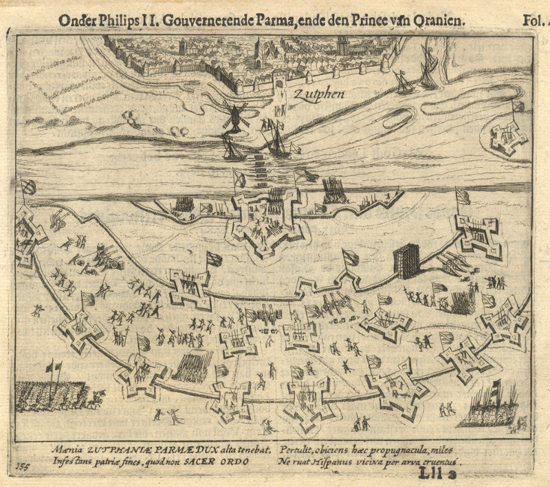 afbeelding van vogelvlucht Zutphen; Onder Philips II, Gouvernerende Parma, ende den Prince van Oranien. van Willem Baudartius (Zutphen)