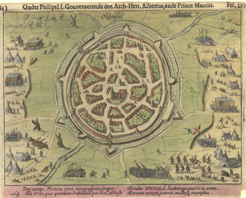 afbeelding van vogelvlucht Oldenseel; Onder Philips II. Gouvernerende Arch-Hert. Albertus, ende Maurits van Willem Baudartius (Oldenzaal)
