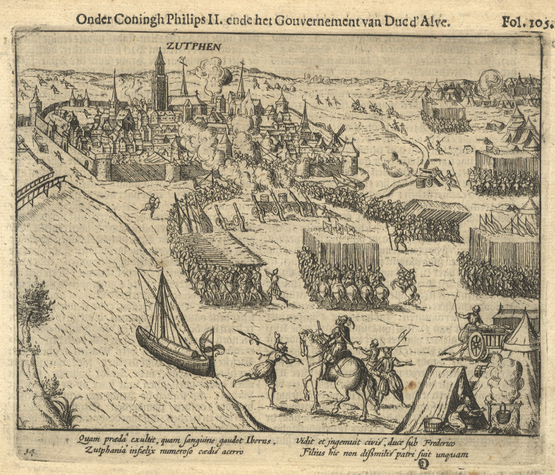afbeelding van prent Onder Coningh Philips II ende het Gouvernement van Duc d´Alve van nn naar Frans Hogenberg (Zutphen)