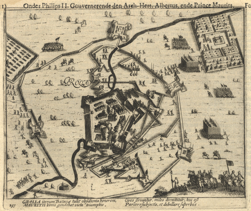 afbeelding van prent Grolla; Onder Philips II, Gouvernerende den Arch-Hert. Albertus, ende Prince Maurits van Willem Baudartius (Groenlo)