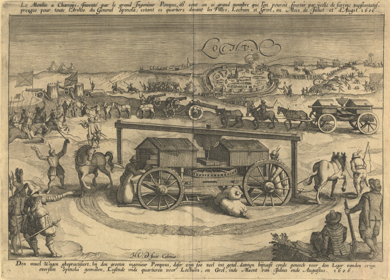 afbeelding van prent Lochum; Den muel Wagen ghepractiseert, bij den grooten ingenieur Pompeus van H v D; L. Guicciardini (Lochem)