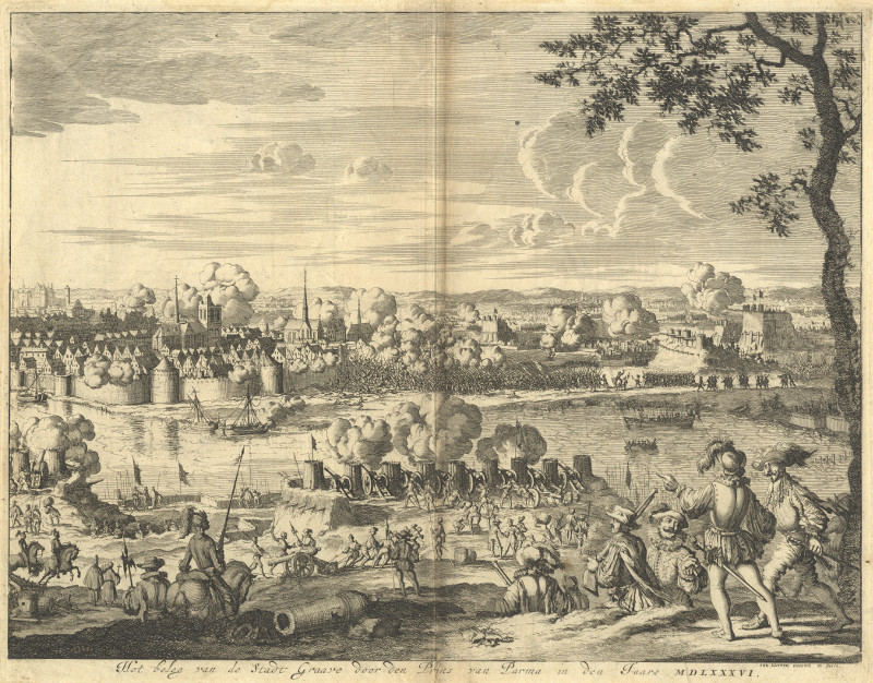 afbeelding van vogelvlucht Het beleg van de Stadt Graave door den Prins van Parma in den Jaare 1586 van Jan Luyken (Grave)