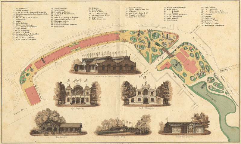 afbeelding van prent Plattegrond van de Nationale Tentoonstelling van Nederlandsche en Koloniale Nijverheid in Arnhem van G.J. Thieme (Arnhem)