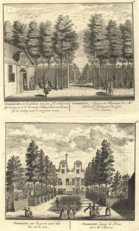 afbeelding van prent Overzicht, de lustplaets van den H. Hendrik Hermansz.. ; van de poort naer het huis toe te zien van Daniel Stoopendaal (Amsterdam)
