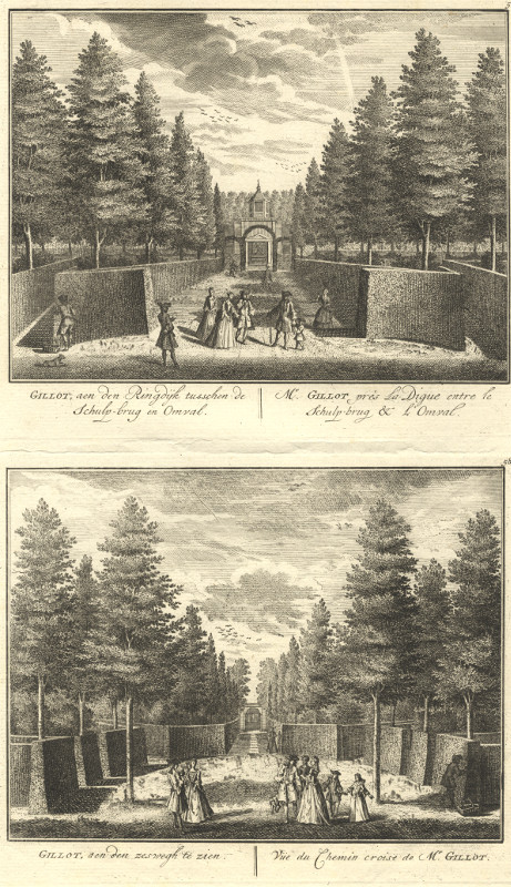 afbeelding van prent Gillot, aen den Ringdijk tusschen de Schulpbrug en Omval; aen den zeswegh te zien van Daniel Stoopendaal (Amsterdam)