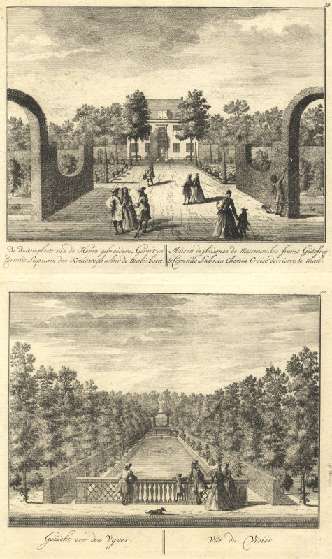afbeelding van prent De Buitenplaets van de Heren gebroederst Govert en Cornelis Lups; Gezicht over den Vijver van Daniel Stoopendaal, Mattheus Brouerius van Nidek (Amsterdam)