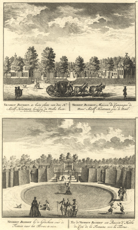 afbeelding van prent Vryheit Blyheit, de buite plaets van den Hr. Adolf Houtman; by de Graskom over de Fontein van Daniel Stoopendaal (Amsterdam)