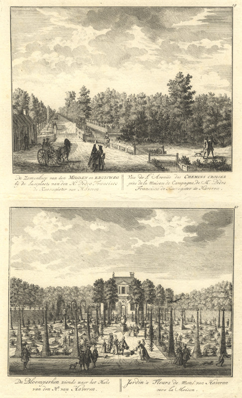 afbeelding van prent De Zamenloop van Midden en Kruisweg bij de lustplaets..; de Bloemperken ziende naer het Huis van Daniel Stoopendaal (Amsterdam)