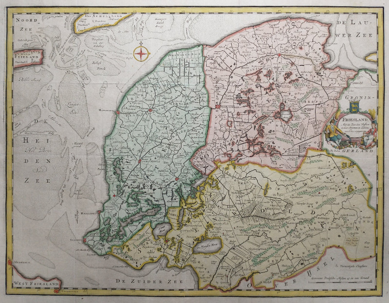 afbeelding van kaart Friesland, Met de zee ten Westen,in haar stroomen en zanden, nooit dus uitgegeeven van I. Tirion