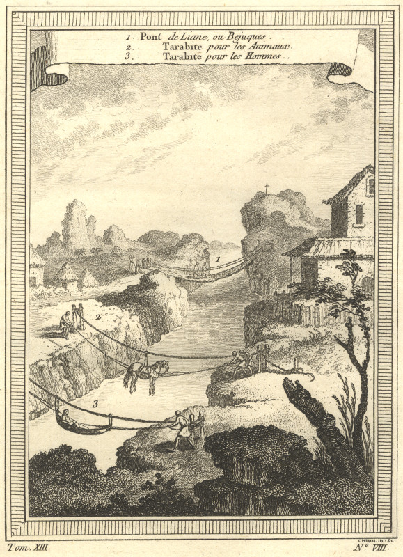 afbeelding van prent Pont de Liane, ou Bejuques; Tarabite pour les Animaux, Tarabite pour les Hommes van Q.P. Chedel
