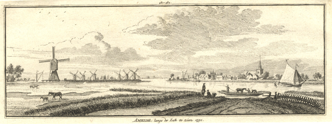 afbeelding van prent Ameide, langs de Lek te zien. 1750 van H. Spilman naar J. de Beijer (Ameide)
