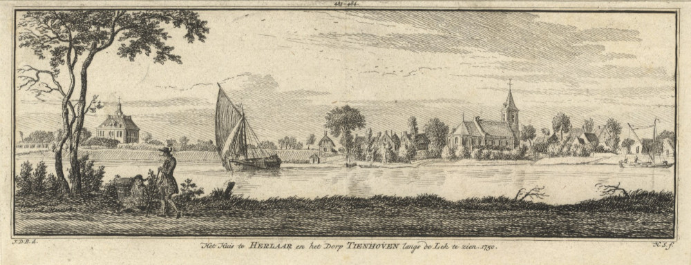 afbeelding van prent Het Huis te Herlaar en het Dorp Tienhoven langs de Lek te zien. 1750 van H. Spilman, J. de Beijer (Tienhoven)