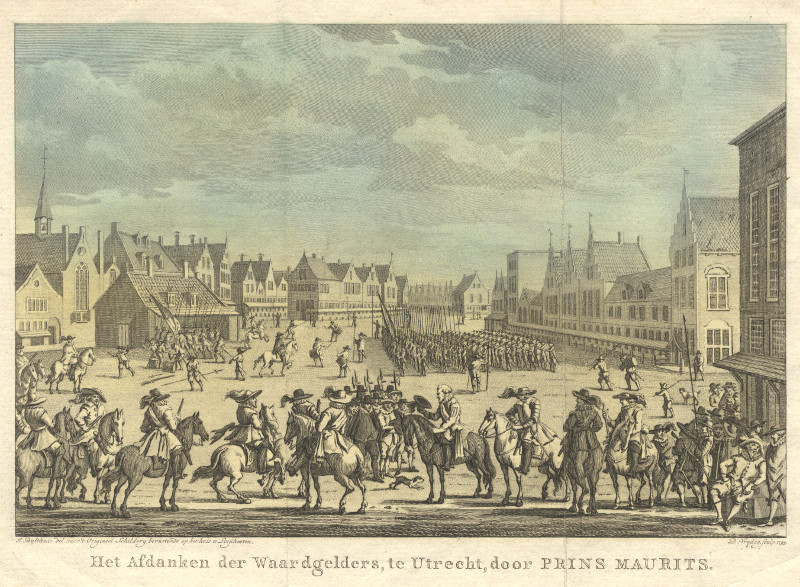 afbeelding van prent Het Afdanken der Waardgelders, te Utrecht, door Prins Maurits van J. Bulthuis, J. Vrydag, naar Joost Cornelisz. Droochsloot (Utrecht)