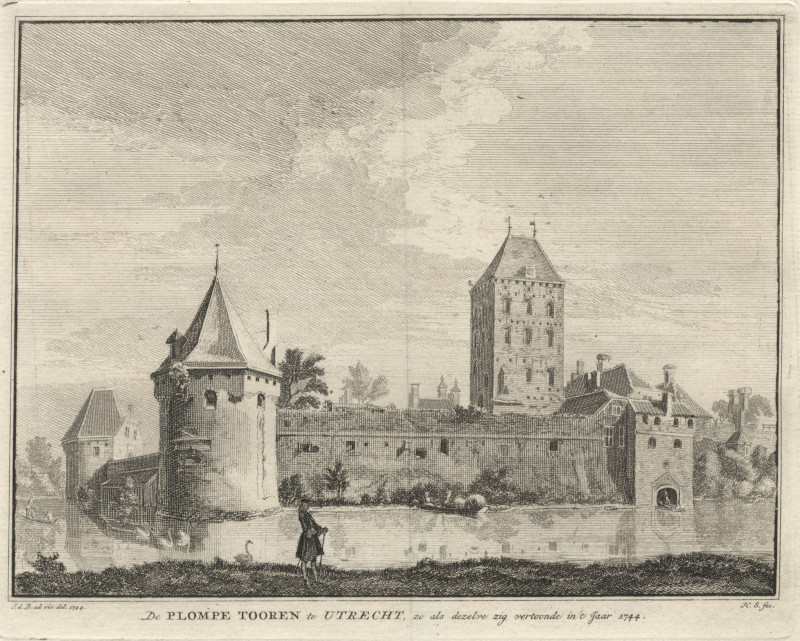 afbeelding van prent De Plompe Tooren te Utrecht, zo als dezlve zig vertoonde in ´t Jaar 1744 van H. Spilman, J. de Beijer (Utrecht)